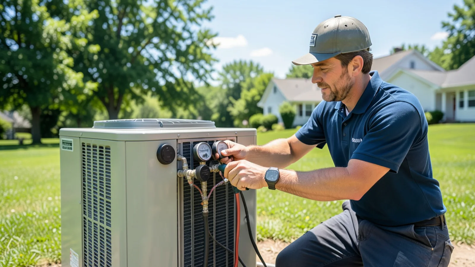 Technician connecting digital manifold gauges to outdoor air conditioning condenser in Merrimack NH