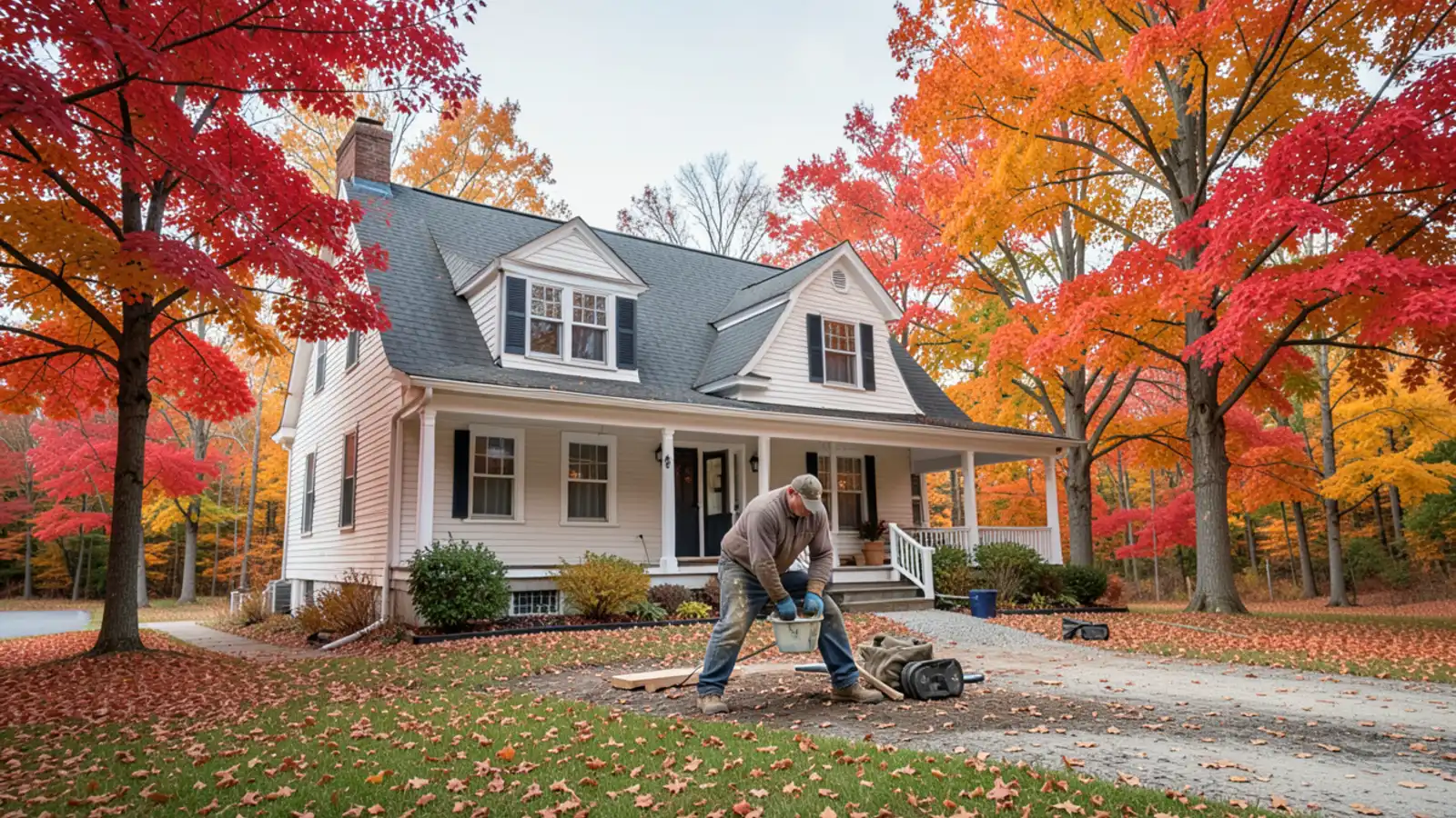 Picturesque New England colonial home surrounded by colorful autumn foliage in Merrimack NH