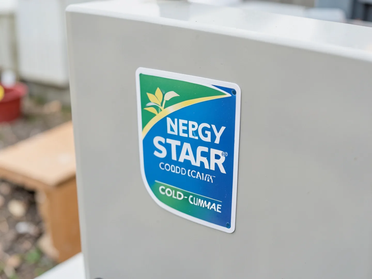 Energy Star cold-climate certification badge on outdoor heat pump cabinet