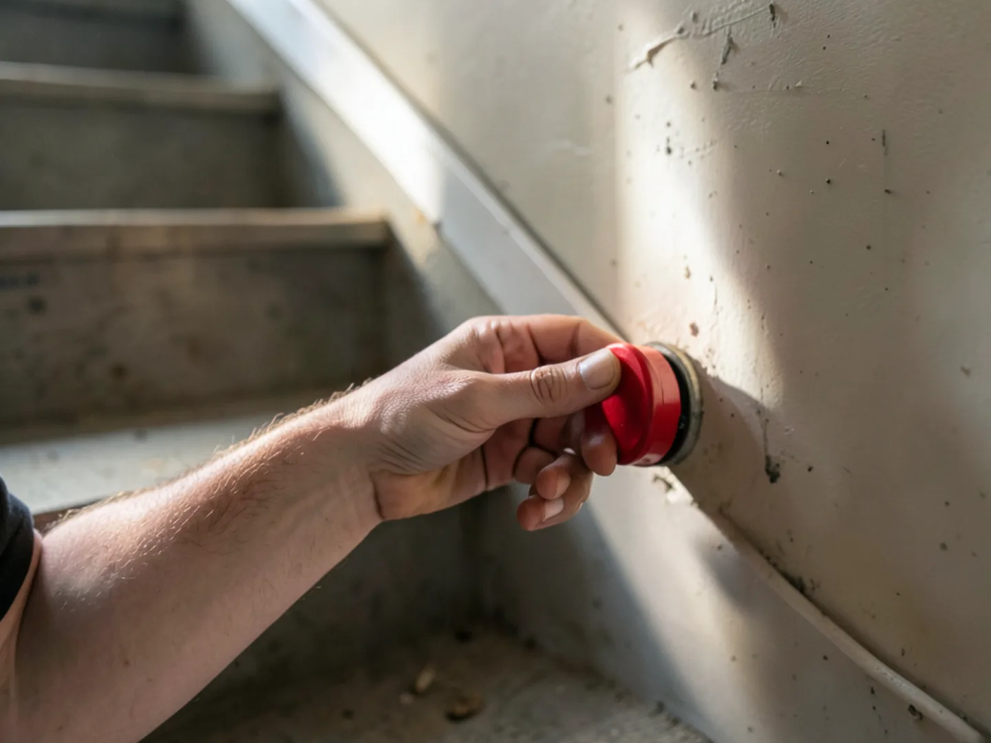 Hand checking red emergency furnace shutoff switch with red faceplate