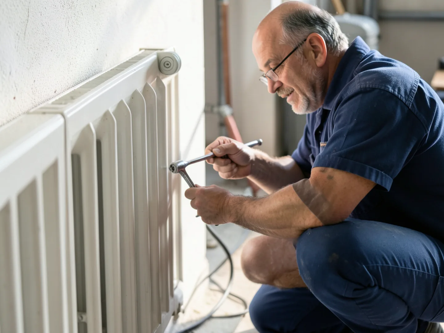 Using radiator bleeder wrench on a hydronic baseboard coin vent to expel trapped air