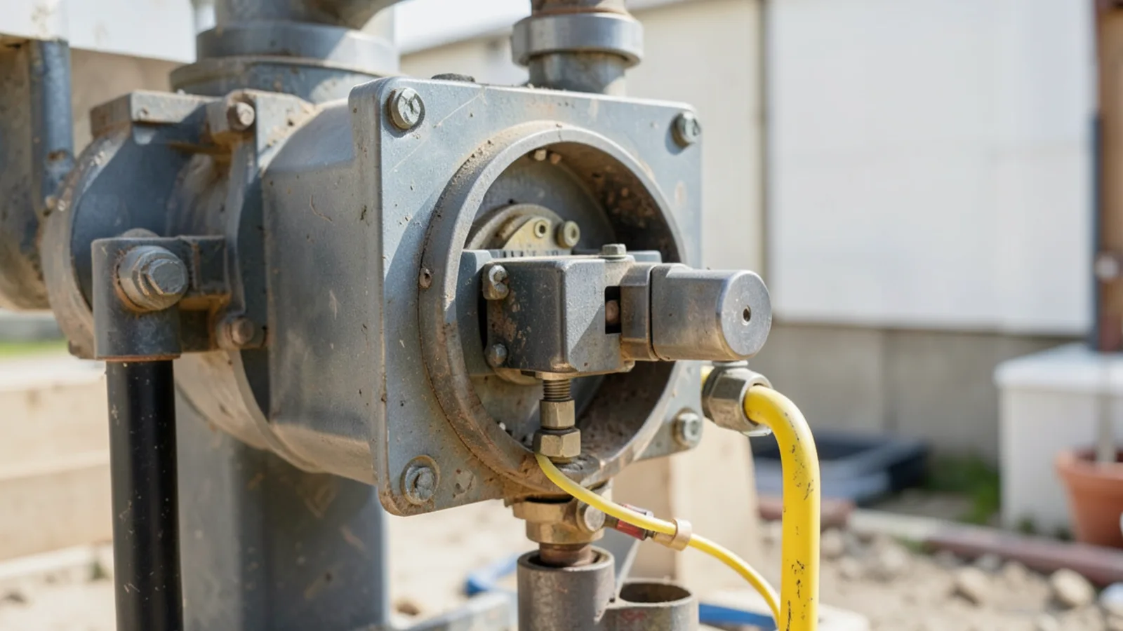 Close-up of a residential oil burner assembly with cad cell control and fuel oil line