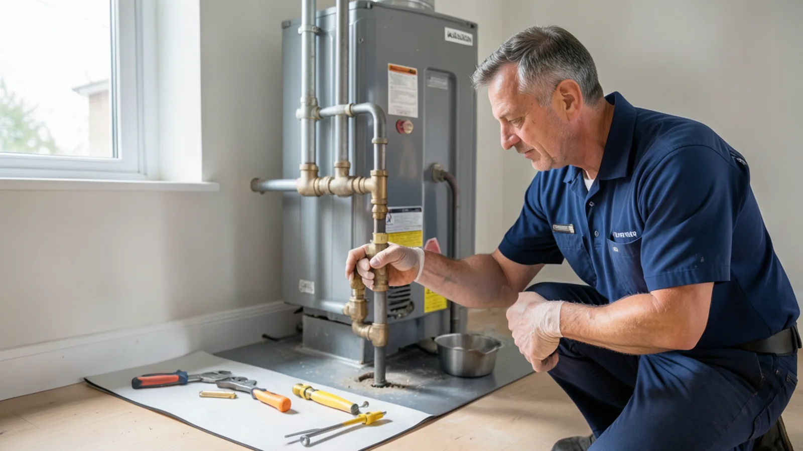 Hydronic heating technician inspecting cast-iron boiler piping and pressure relief valve in Merrimack NH