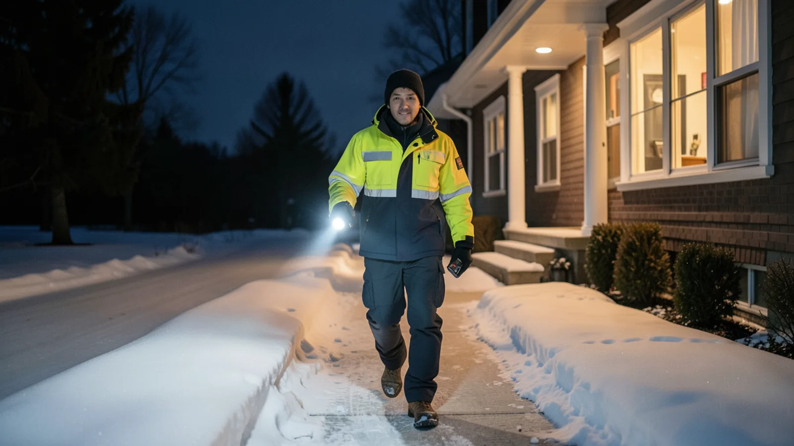 Puzzled Comfort technician with winter emergency gear arriving at a home in Merrimack NH