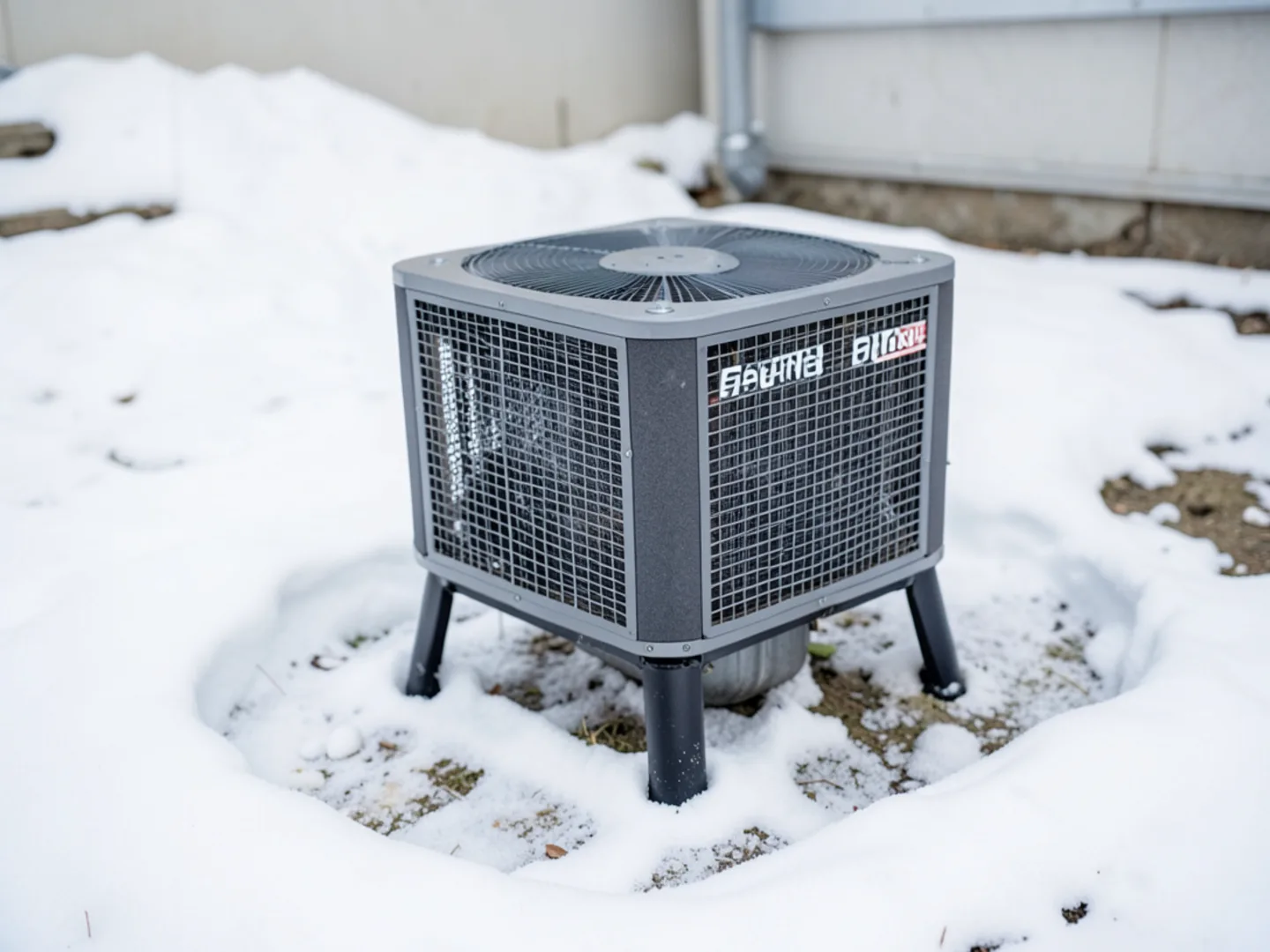 Cold-climate heat pump outdoor unit mounted on an elevated winter snow stand