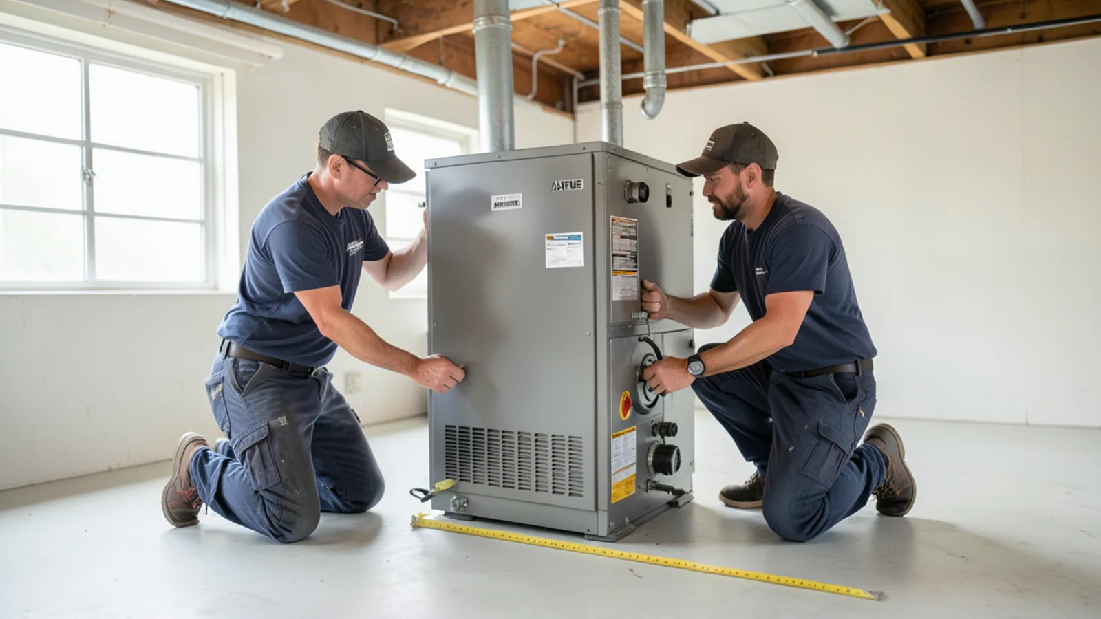 Two HVAC technicians installing a new high-efficiency gas furnace in a southern NH home