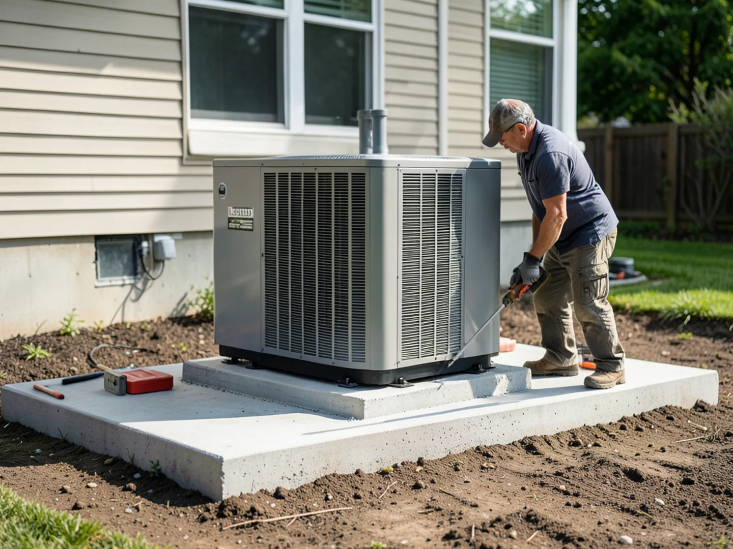 Dual inverter heat pump condensers on concrete pads behind a Bedford colonial