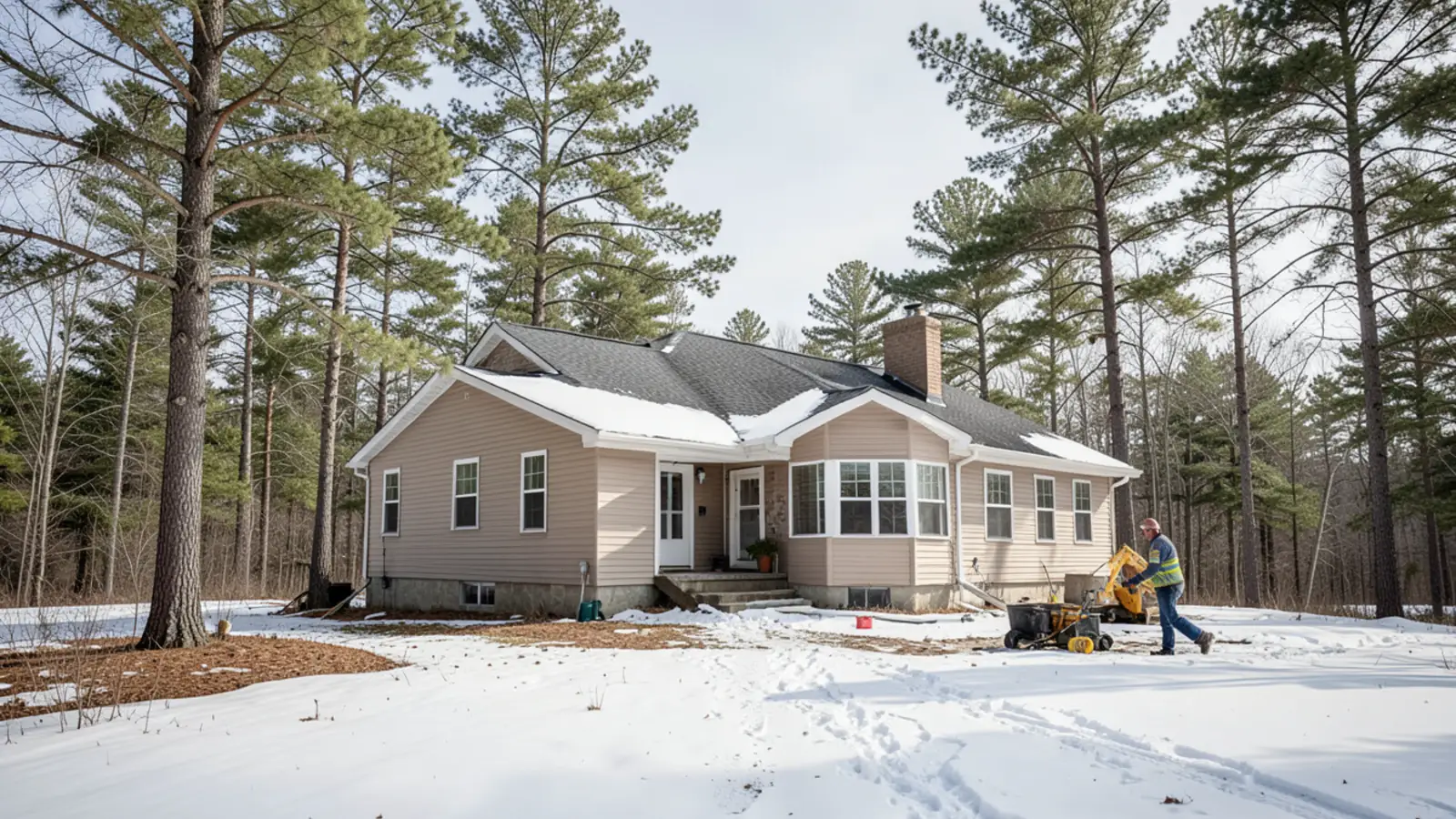 Single-family home in Derry NH near Beaver Lake with snow-covered yard in winter