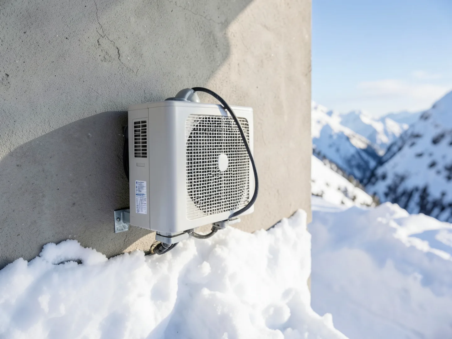 Ductless mini-split condenser mounted above snowpack in Goffstown foothills