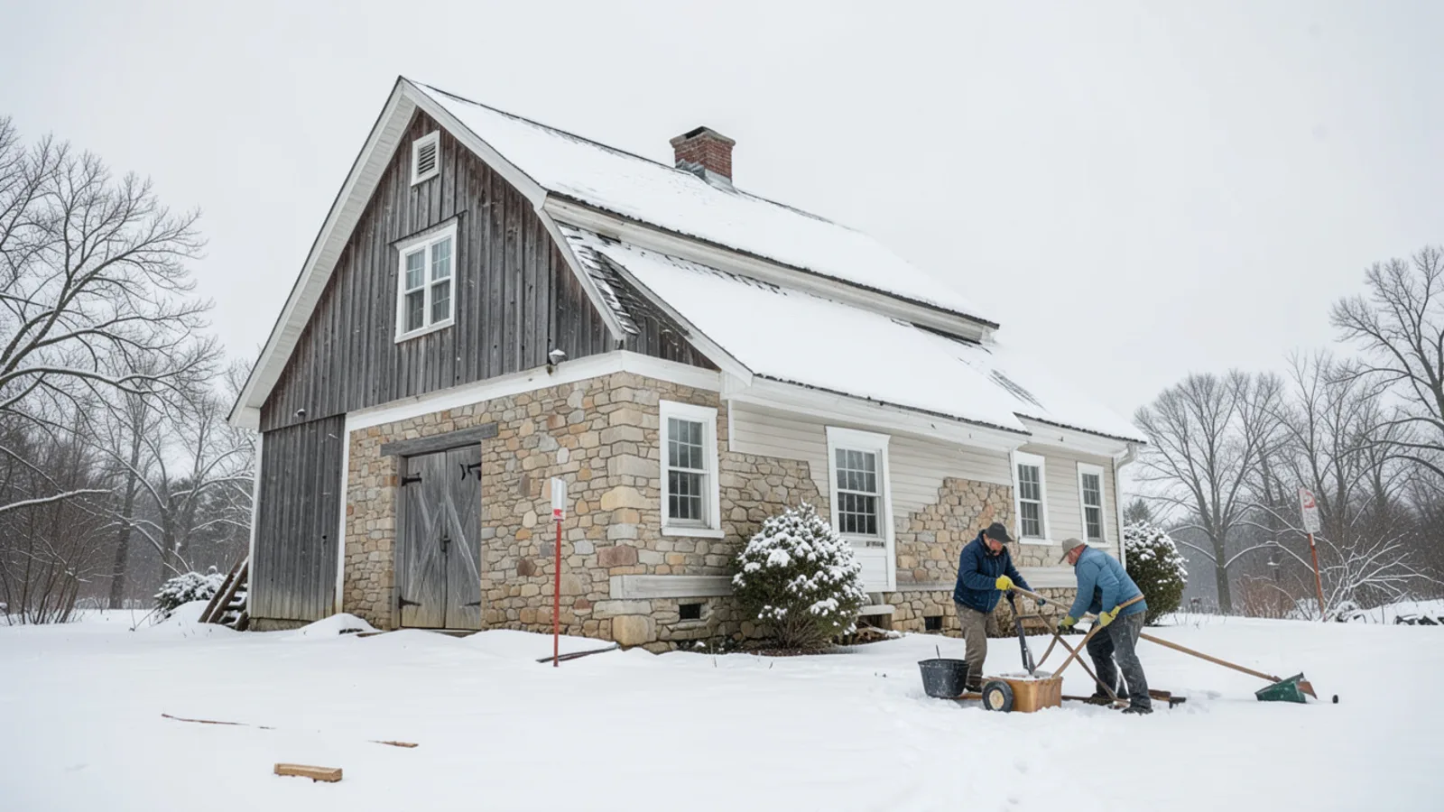 Antique colonial farmhouse in Hollis NH with traditional barn under fresh winter snowfall