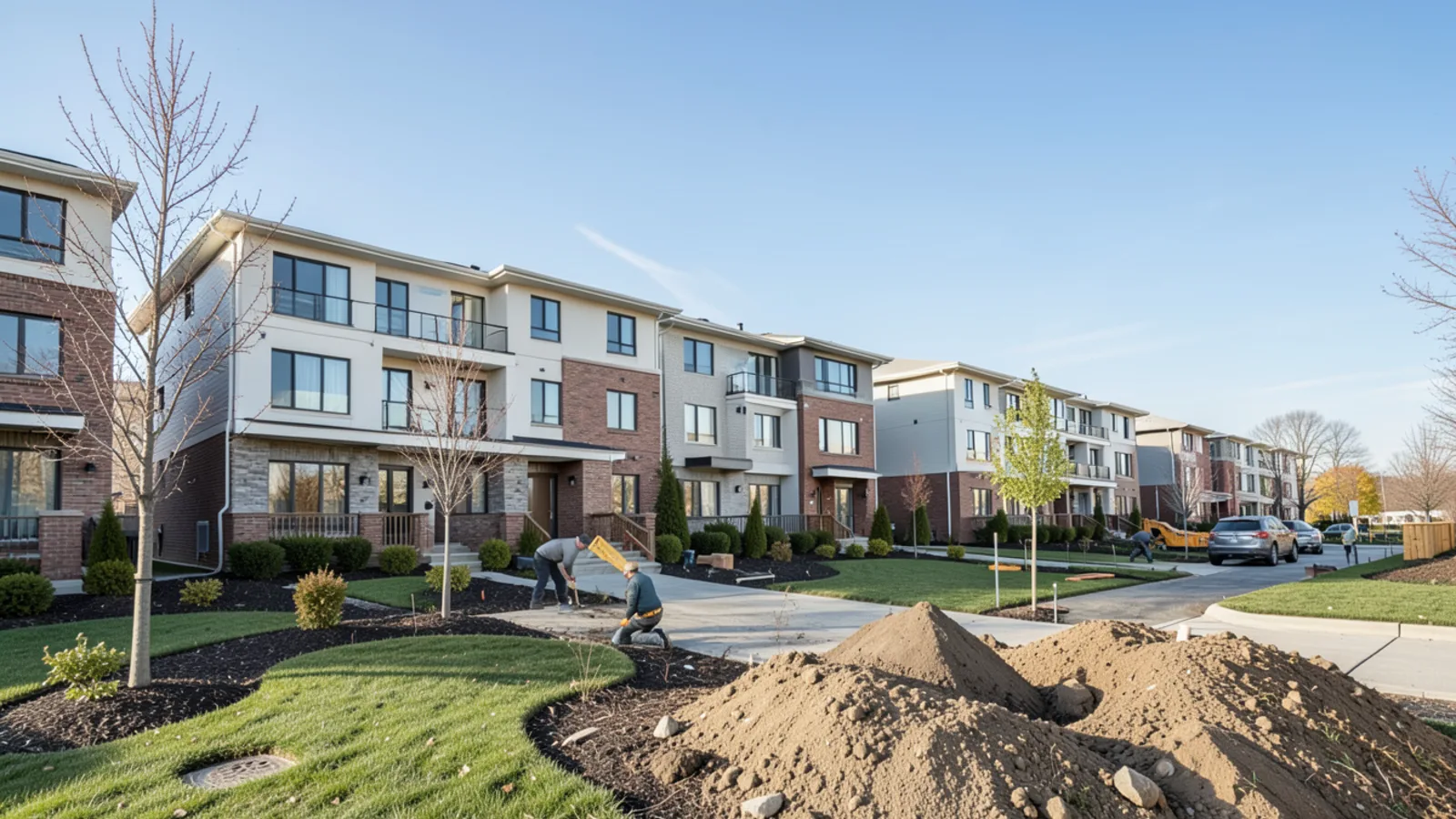 Modern residential townhome community in Hooksett NH with landscaped grounds in winter