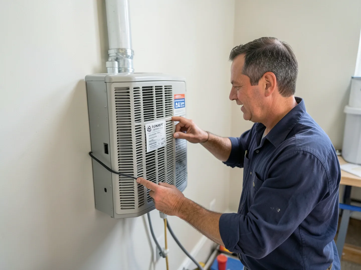 Technician servicing a packaged heat pump unit in a Hooksett multi-family building