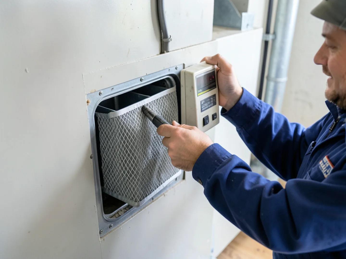 Sliding a clean high-efficiency air filter into a Hudson split-level furnace