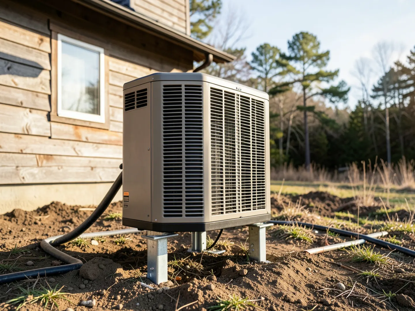 Outdoor cold-climate heat pump on elevated brackets in a rural Litchfield yard