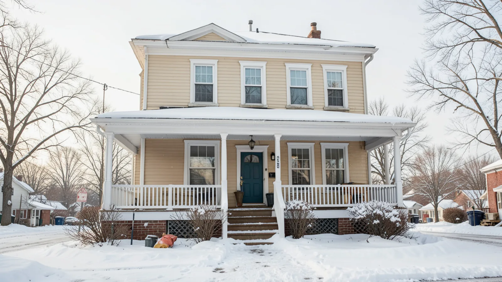 Classic three-story triple-decker residential home in Manchester NH with snow-covered roof