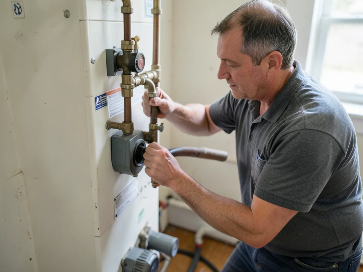 Technician adjusting automatic water feeder on a hydronic boiler in Milford NH