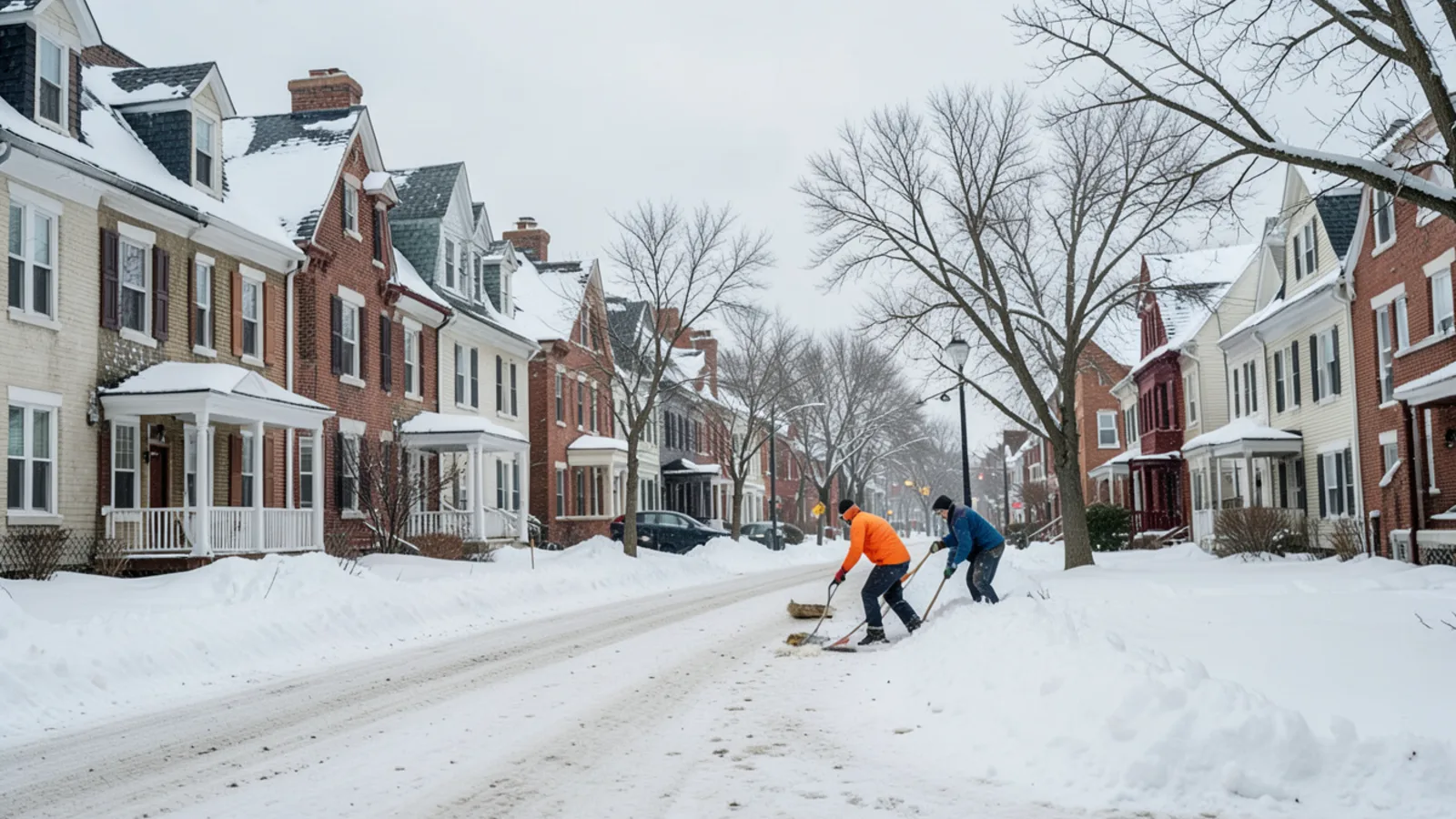 Winter residential streetscape in Nashua NH with historic homes and fresh snow