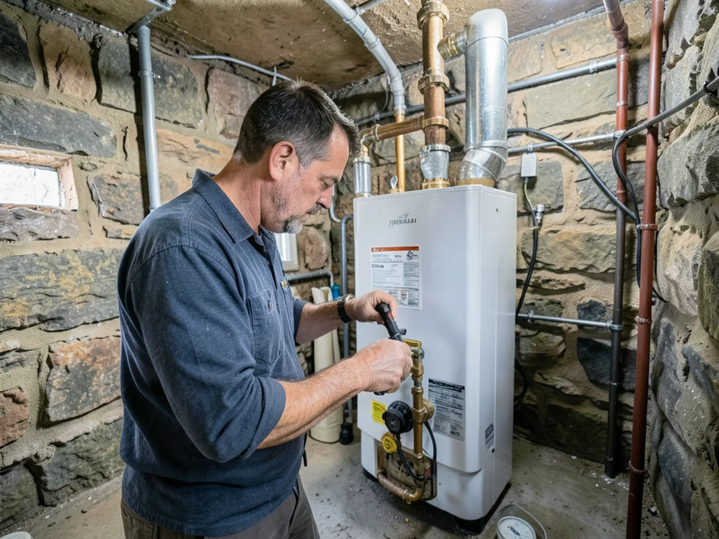 Servicing a cast-iron boiler in a historic Tree Streets Nashua basement
